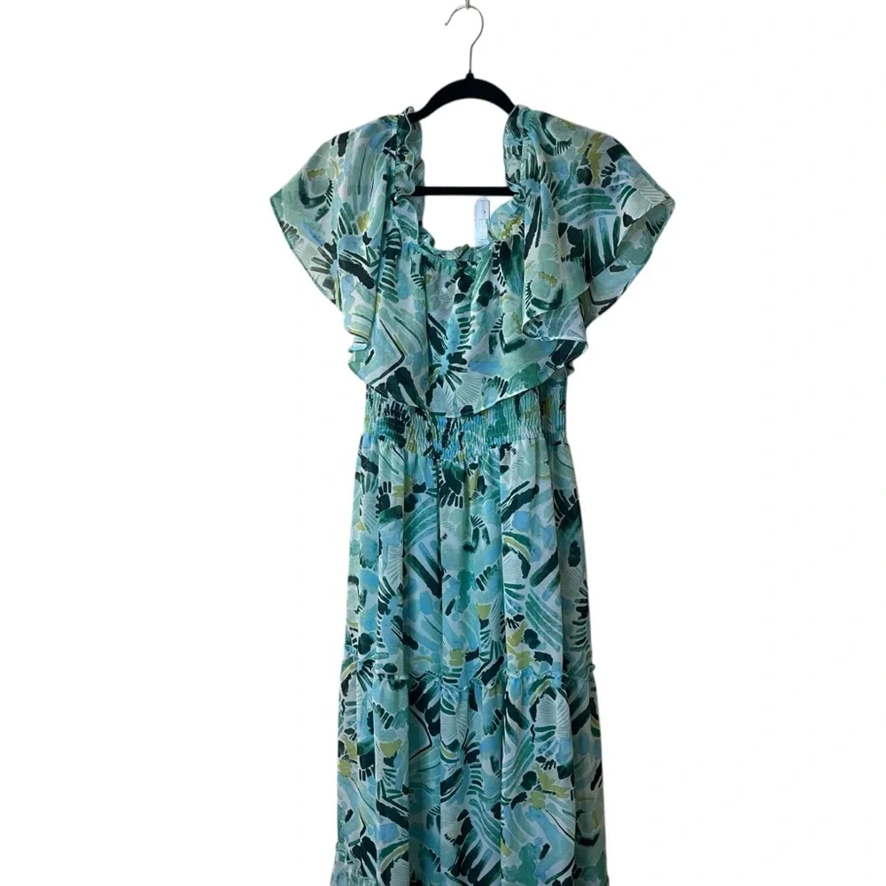 Rabbit Designs Tropical Off the Shoulder Smocked Waist Tiered Maxi Dress Sz 10